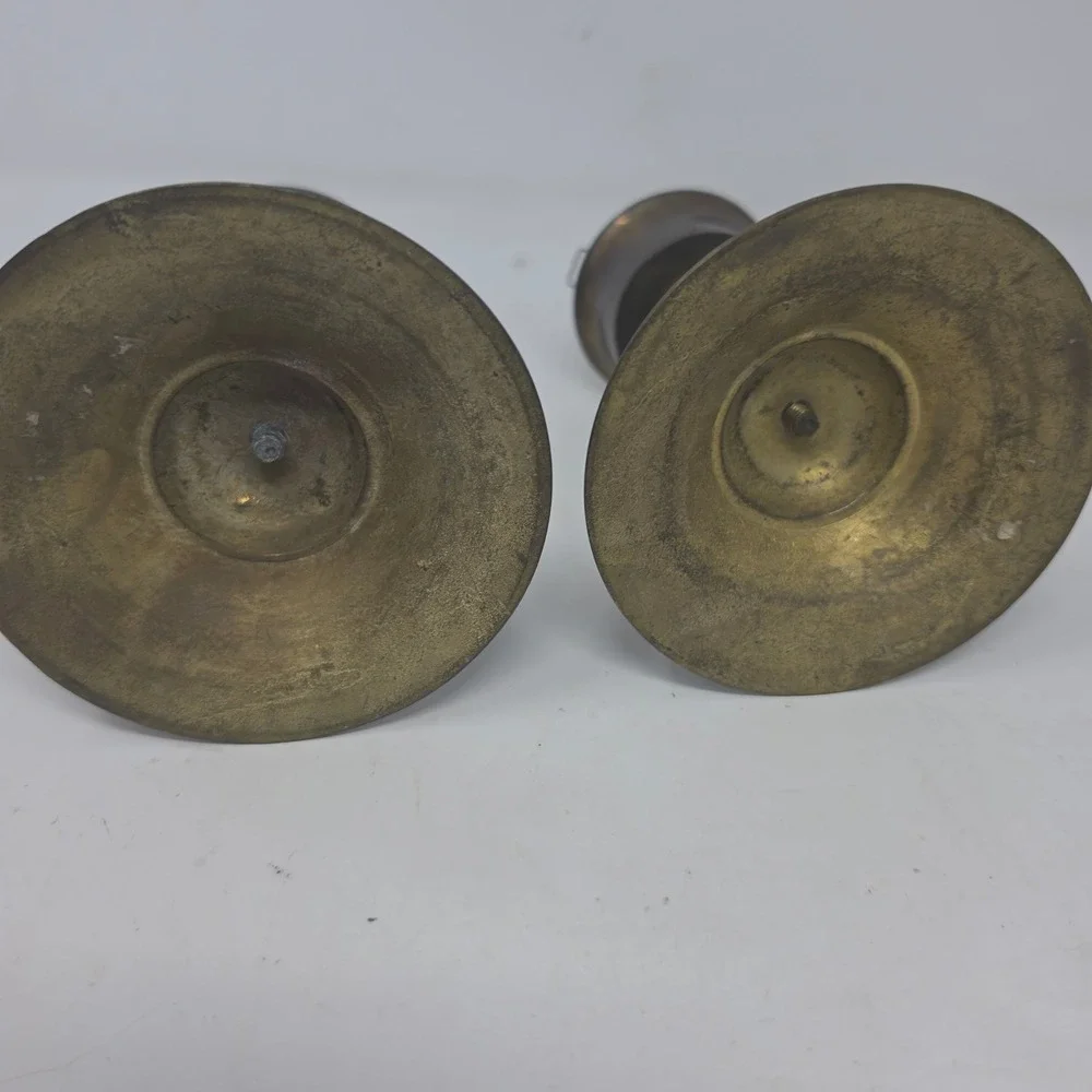 Vintage Brass Teal Green Enamel Candlestick Holders Set of 2 Pink Flowers. W